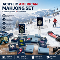 Ensemble de Mahjong de Luxe Américain, Tuiles Acryliques Double Couche Bleu Clair de 1,42 Pouce, Thème Hiver Station de Ski, Gravure Laser UV, Portable