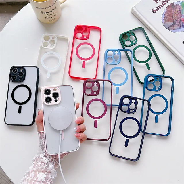 2024 Transparent Magnetic Electroplate Phone Case for for 15 Pro Max 14 13 12 Pro Max Wireless Charging Acrylic Matte