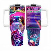 Vaso de 40 oz con asa, impresión 3D creativa, con pajita, libre de BPA, doble pared, vaso de acero inoxidable de 40 oz