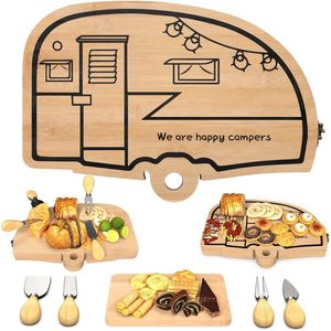 Tabla de cortar de bambú con forma irregular, diseño RV grabado con láser, 'We Are Happy Campers', bandeja para servir queso para camping - Product Image 1