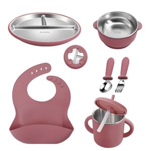 Groothandel <span class=keywords><strong>Food</strong></span> Grade Siliconen Kids Tafelgerei Voedingsset Siliconen Baby Bib Lepel Bord Kom - Product Image 1