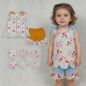 Ensemble de vêtements décontractés pour filles à imprimé floral de style boutique, tenues d'été à volants, vente en gros, usine de vêtements de mode pour enfants - Product Image 1