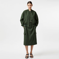 Veste bomber courte personnalisée pour femme, décontractée, légère, à carreaux, col montant, zippée, verte et noire, avec poches