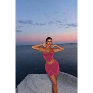 Nessa Lady's Casual <b>Pink</b> <b>Glitter</b> 2-Piece Set XL Size Knitting Fabric Cropped <b>Top</b> Short Length Trousers with Loose-Fitting Skirt - Product Image 4