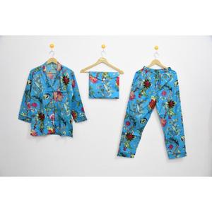 Conjunto de Pijama para Mujer con Estampado a Mano de Jaipur, Manga Larga, Ropa de Dormir, Conjunto de Tres Piezas - Product Image 1