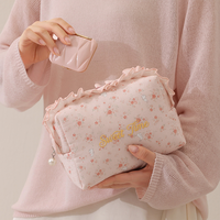 Pochette cosmétique en coton à doublure à carreaux, trousse de maquillage florale, pochette à fermeture éclair à volants, trousse de toilette en dentelle de feuille de lotus, trousse de maquillage pour filles