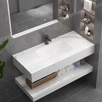 Ensemble de meuble-lavabo mural en dalles de pierre double couche sans joint, avec lavabo en céramique tout-en-un et surface solide au design minimaliste