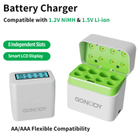 Support de charge de piles AA/AAA 8 emplacements compatible avec les piles lithium-ion 1,5 V et Ni-MH 1,2 V, avec écran LCD intégré et port USB Type-C