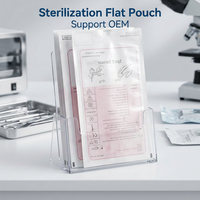 Sachet plat de stérilisation par thermoscellage, en papier et plastique, pour usage médical, avec indicateur EO STEAM FORM, certifié CE, marque MICOOM, pour usage en milieu médical.