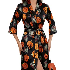 Femmes Halloween solide Satin col en v Kimono Cardigan peignoir robe du matin/chemise de nuit taille élastique à manches longues pyjamas - Product Image 5