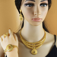 Collar, Pulsera, Aretes y Anillos de Alta Calidad Chapados en Oro de 24K de Dubái, Joyería de Moda Nupcial Árabe para Mujer