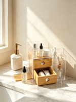 Organisateur de bureau en bambou à 2 tiroirs avec compartiments transparents en acrylique, rangement multi-compartiments pour cosmétiques, papeterie, salle de bain et cuisine