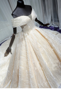 Robe de mariée principale style A-line, coupe Hepburn, épaules dénudées, taille haute, broderie et perles, motif ciel étoilé élaboré - Product Image 5