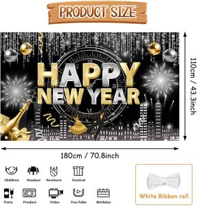 Bannière Joyeux Nouvel An, fond photographique noir <span class=keywords><strong>et</strong></span> or, toile de fond de décoration pour fête du réveillon du Nouvel An, parfaite pour le réveillon du Nouvel An - Product Image 2