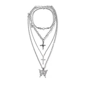 Ensemble de colliers multicouches avec pendentif croix papillon et cœur pour femmes, bijoux de fête, chaîne argentée, accessoires de mode - Product Image 4