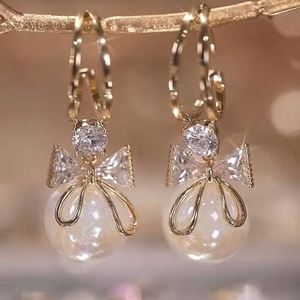 New Sweet Imitation Pearl Drop S925 Silver <b>Post</b> C-shaped Diamond Rhinestone <b>Earring</b> Lady Korean Design Fashionable Bow <b>Earrings</b> - Product Image 2