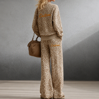 Ensemble 2 pièces tricoté ample pour femme avec logo personnalisé, pull à col imprimé léopard et pantalon large, tenue décontractée confortable à manches longues