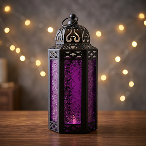 Moroccan <b>Lantern</b> Purple Glass Elegant <b>Brass</b> Hanging Lamp Antique Decorative Light for Home and Garden Ambiance - Product Image 1