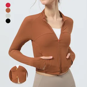 New cloud feeling ribbed stand collar yoga coat autumn winter double zipper sports long sleeve cropped top female fitness jacket