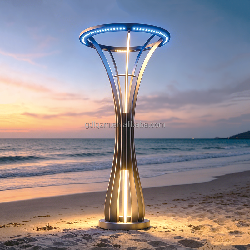 Twisted Metal LED Landscape Pole (Mirror Polished Stainless Steel + Ring LED Light) IP65 Waterproof Remote Control Lighting