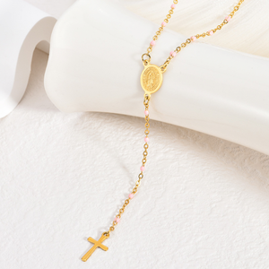 Collana con Ciondolo Religioso Placcato Oro 18K in Acciaio Inossidabile Catena a Croce Gioielli di Moda Rosario Smaltato a Goccia Personalizzato con Charm - Product Image 5