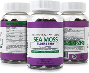 Private Label Organic Sea Moss Elderberry Max Absorption Cell Food 60 Count Sea Moss Gummies