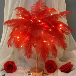 Lámpara de mesa con plumas, luz LED roja, luz nocturna decorativa para dormitorio, escritorio, regalo de boda - Product Image 1