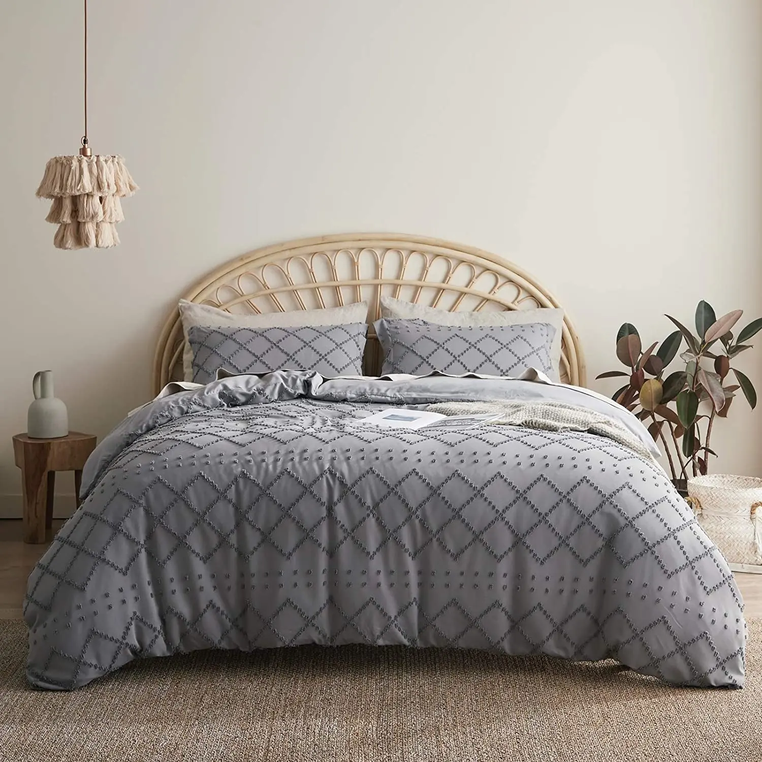 Tufted Duvet Cover Set - 3 Pieces Embroidery Shabby Chic Boho Duvet Cover for All Seasons Grey Queen 90x90''NO Comforter