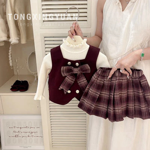 Child Star Autumn Winter Korean Girls Pleated Skirt Set Thickening Cotton Three Piece Outfit - Product Image 1