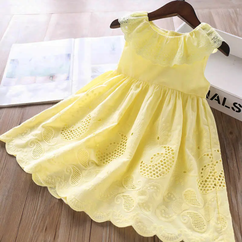Yeni kız elbise çocuk yaz pamuk işlemeli elbise Ruffled yaka yelek elbise kız giysileri 4-5 yıl etekler toptan
