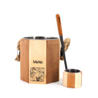 Set Ember dan Sendok Kayu Sauna dengan Termometer dan Pelapis untuk Sauna & SPA - Terbuat dari Kayu Pinus Finlandia Premium