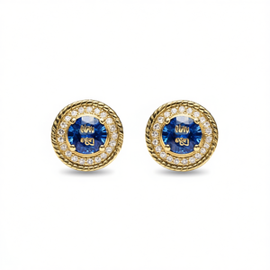 Boucles d'oreilles clous islamiques en or avec saphir bleu et halo de diamants pour femme, bijoux classiques en or massif 18 carats pour le quotidien - Product Image 1