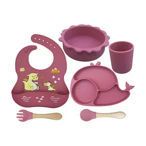 Silicone Baby Dish Set Whale Shape Toddler Plate Bowl Cup Bib Spoon Fork BPA Free Tableware 6PCS Baby Feeding Set