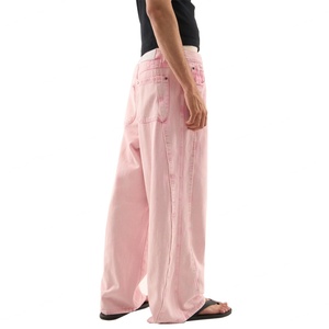 Pantalon en jean rose décontracté à jambe large, nouvelle mode streetwear, jean ample à empiècements pour hommes - Product Image 4