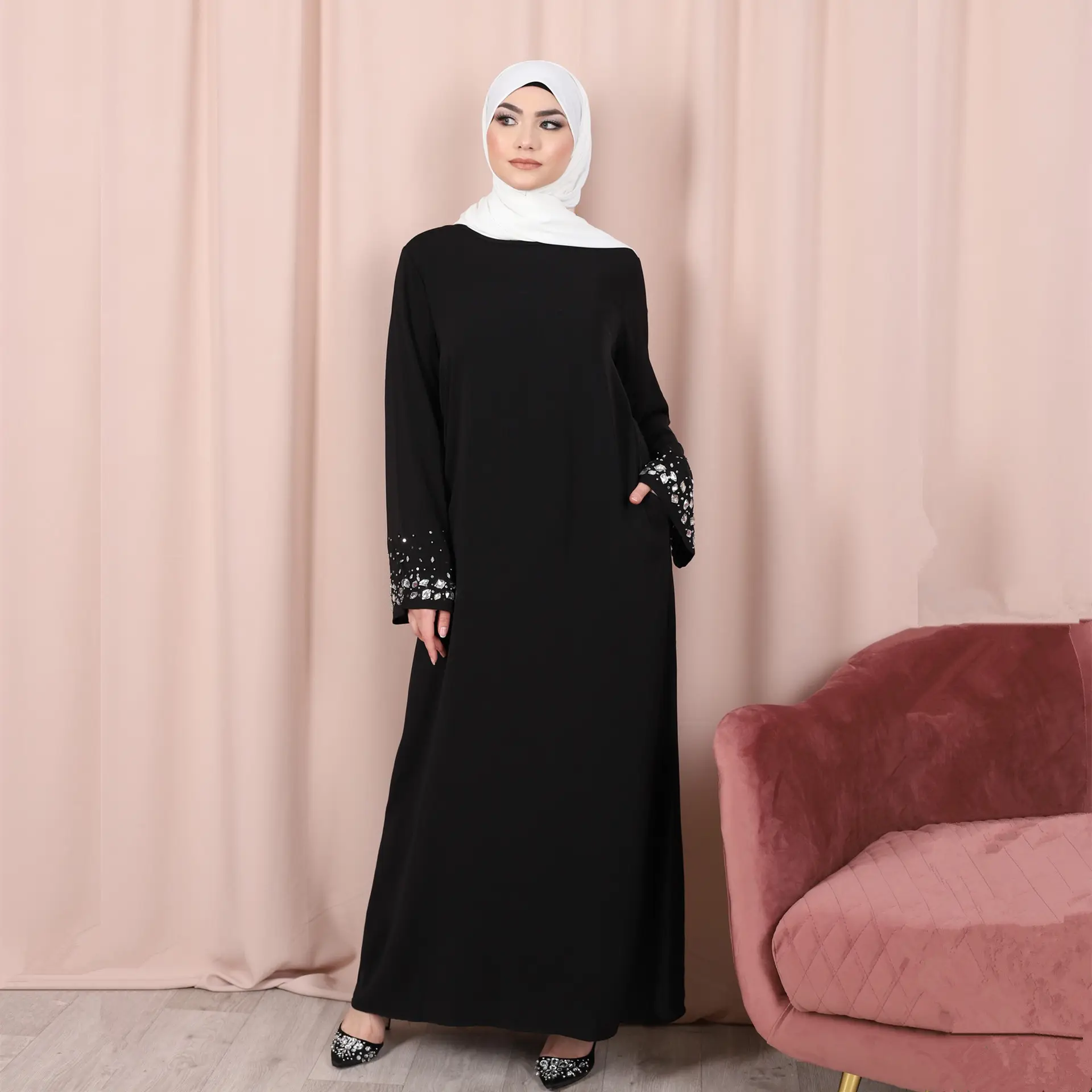 Women's Kaftan Abaya Dress Muslim Long Sleeve Self Tie Maxi Dress Islamic Evening Gown