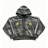 Sweat à capuche court épais pour homme, noir, style vintage délavé à l'acide, avec bande latérale effet usé et épaules larges au dos, streetwear