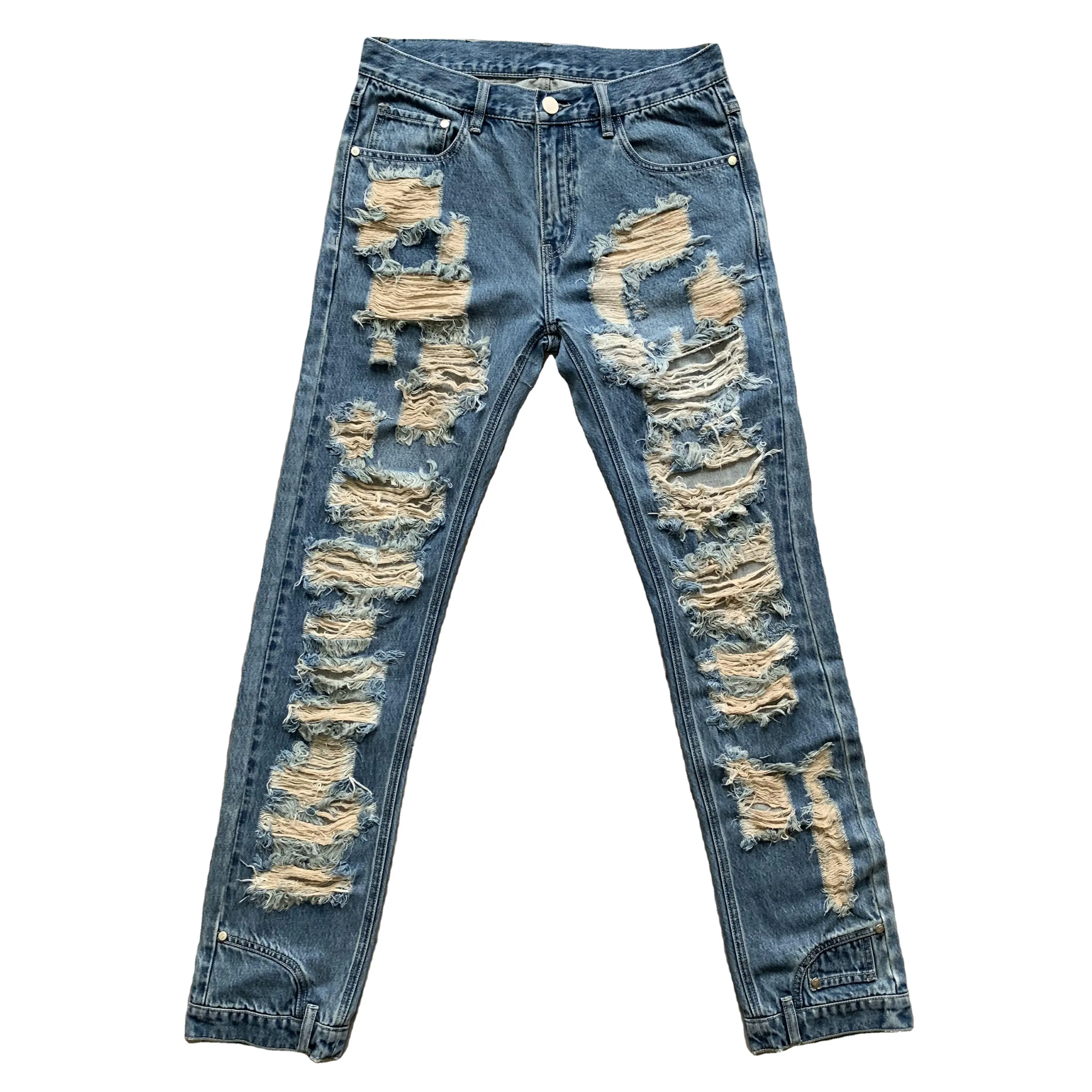 DENIMGUYS özel tasarım baş aşağı alt Jean pantolon erkekler için Streetwear şık sıska Denim yırtık pantolon