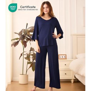Ensemble de pyjamas pour femmes, manches 3/4, col en V, vêtements de nuit doux, pantalon large, viscose fabriquée à partir de bambou - Product Image 2