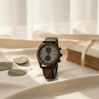 Jam Tangan Pria Kronograf Kayu Campuran Baja Dial Kayu Alami Jendela Tanggal Gelang Kayu Logam Ramah Lingkungan Kasual Olahraga Tahan Air