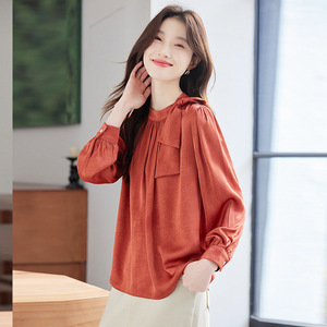 Springtime Bow Tie Blouse Women Long Sleeve Satin Solid Color Work Shirt Orange <b>White</b> - Product Image 3