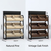 Modern gebogen metalen draadrek voor fruit & groenten, met houten kratten in antraciet, 4-planken, extra stevig supermarkt rek