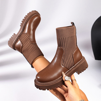 Bottines à chaussettes pour femme en cuir PU, à bout rond, à plateforme épaisse, avec revers tricoté, à enfiler, pour l'hiver, Noir Marron