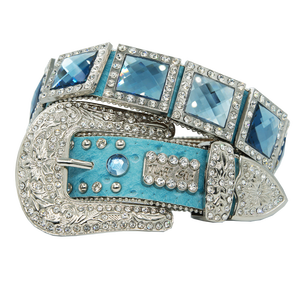 Cielo blu In Pelle Cowgirl Prisma Cut <span class=keywords><strong>Pietra</strong></span> Conchos Occidentale Cinghia di Cuoio Del Vestito Per Le Donne 100 centimetri - Product Image 1