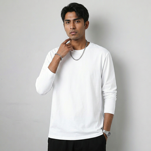 Camiseta de Manga Larga de Algodón Puro para Hombre, Camiseta Interior Blanca Sólida, Camiseta de Cuello Redondo - Product Image 1