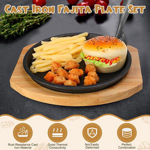 Ristorante giapponese cucina BBQ grigliare bistecca rotonda sfrigolante padella calda Set di piastra Fajita <span class=keywords><strong>in</strong></span> <span class=keywords><strong>ghisa</strong></span> con Base <span class=keywords><strong>in</strong></span> legno - Product Image 3