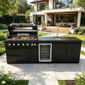 En stock dans l'entrepôt américain : Armoire <span class=keywords><strong>de</strong></span> cuisine extérieure <span class=keywords><strong>de</strong></span> jardin en acier inoxydable 304 noir <span class=keywords><strong>avec</strong></span> évier et réfrigérateur - Product Image 1