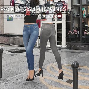 ShopINess Lot de 2 Jeggings à motif vintage coupe slim taille moyenne pour <span class=keywords><strong>femme</strong></span> (1 bleu et 1 <span class=keywords><strong>gris</strong></span> S-M) - Product Image 2