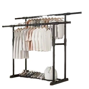 Perchero de pie para ropa, 110 cm de ancho, tendedero de doble barra con estante para dormitorio, balcón, almacenamiento - Product Image 5