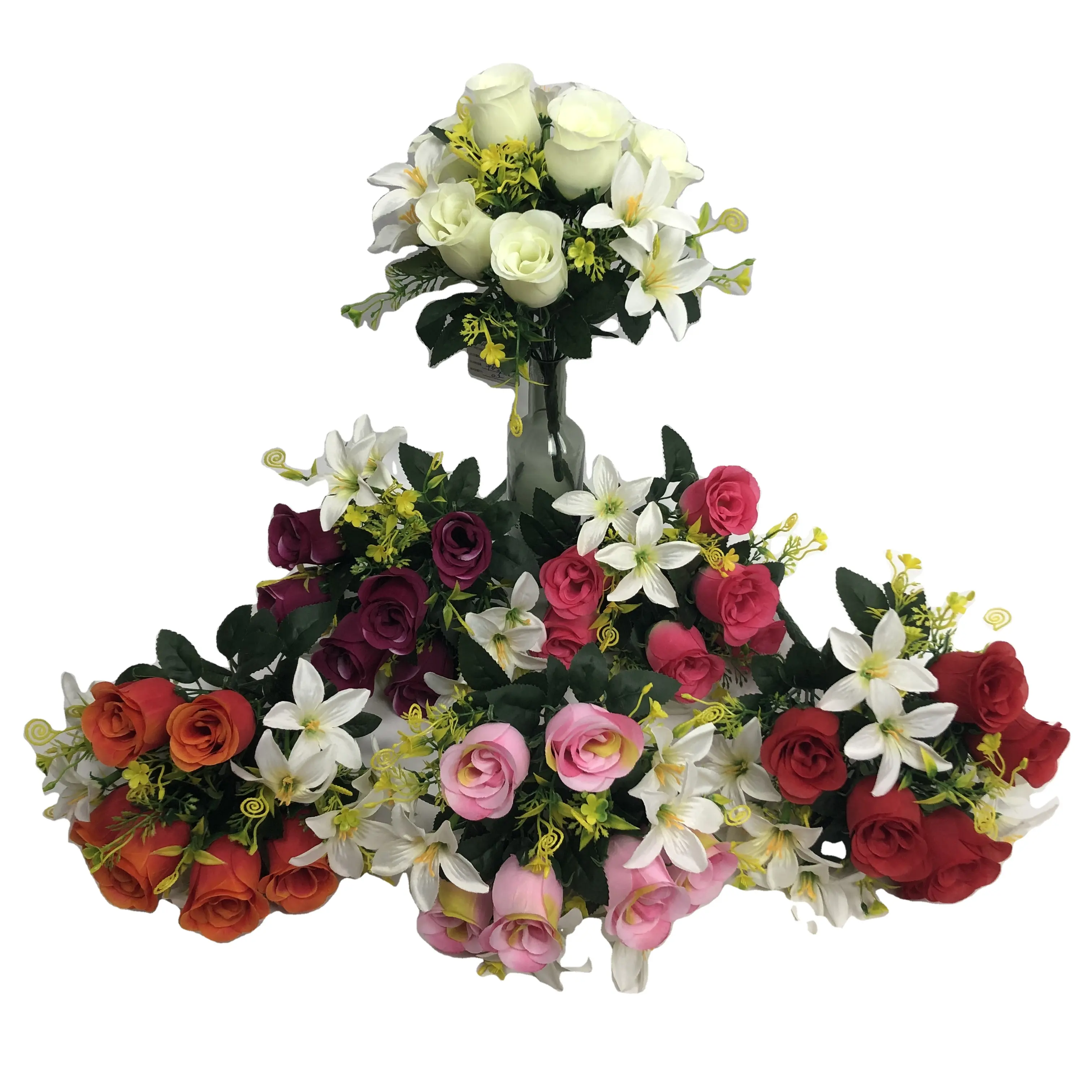 Factory direct sell silk cheap artificial rose mix with lily bouquet funeral flowers for memorial day