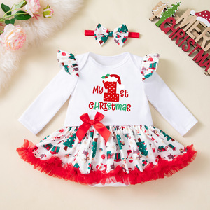 <span class=keywords><strong>Tenue</strong></span> de Noël pour bébé fille, body à manches longues avec imprimé Père Noël et jupe en tulle rouge + bandeau, 0-24 mois, robe de fête de Noël - Product Image 5